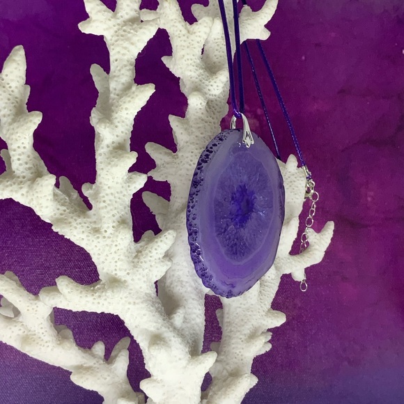 Handcrafted Purple Onyx Druzy Geode Agate Slice Necklace on Waxed Cotton Cord - Picture 7 of 14